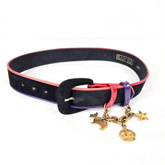 1980s Carlisle Black Faux Suede Belt W/ Charms & Red Purple  display picture 2