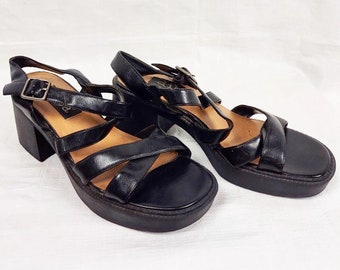 1990s Diba Chunky Heel Strappy Sandals, Black, Vintage Women's Shoes 90s Britney