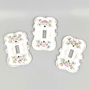 Arnat Keramik-Lichtschalterabdeckungen aus den 1960er Jahren, Nr. S7310, Los 3, Einzelschalter, florales Muster, weiß & gold, Vintage-Wohndekoration der 60er Jahre