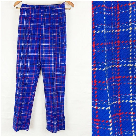 1970s Suit Pants, Blue Red Plaid, Poss Handmade, … - image 1