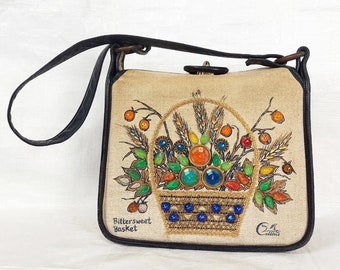 1960s Enid Collins Bittersweet Basket Purse Handbag, Vintage Bead Rhinestone