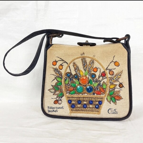 1960s Enid Collins Bittersweet Basket Purse Handbag, Vintage Bead Rhinestone