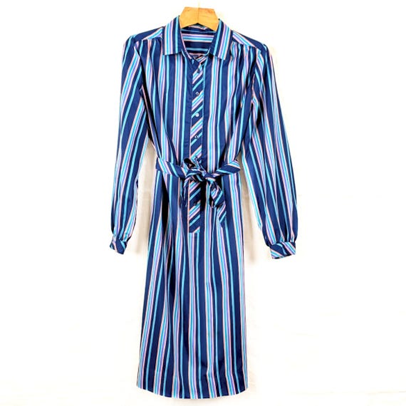 1980s Belted Shirt Dress, Striped Blue Orange, Possibly Handmade / Homemade, Vintage 80s Women's Clothing Clothes Accessories, Button Front