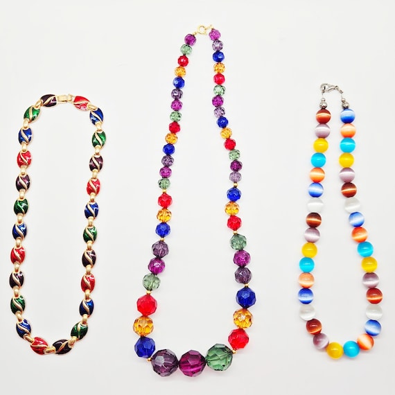 1990s Jewel Tone Chunky Necklace Collection, Lot 3, Glass Metal 