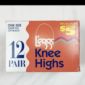 May include: A box of 12 pairs of Leggs knee highs in off black sheer toe. The box is orange and white with the text "Leggs Knee Highs" and "Special Value Only $5".
