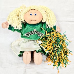 1980s Cabbage Patch Kids Cheerleader Doll w/ Authentic Sweater Skirt Pom-Pom, Green Yellow, Blonde Blue Eyes, Vintage 80s Kids Toys Cartoons