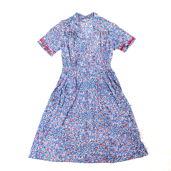 1970s Claire Tiffany House Dress, Floral Blue Red, Zipper, Vintage 70s Women's Clothing Clothes Accessories