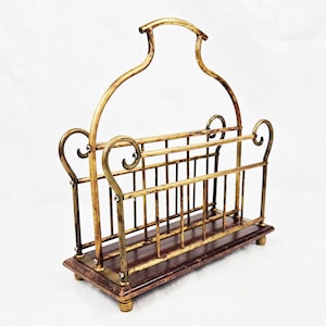 1960s Wood & Brass Magazine Holder, Vintage 60s Home Living Room Den Office, Art Deco Style Rack Newspaper