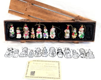 Y2K Thomas Paconni Animal Christmas Ornaments w/ Wooden Crate & Lid, MISSING TWO (2), Vintage 2000s 2004 Home Holiday Decor Decorations Tree