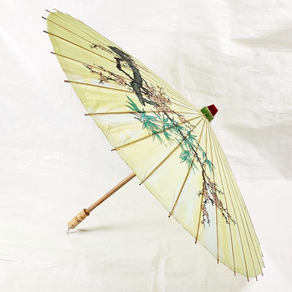 1950s Bamboo Parasol Umbrella, Japan Japanese, Green Bamboo Paper Cherry Blossom, Vintage Women's Accessories
