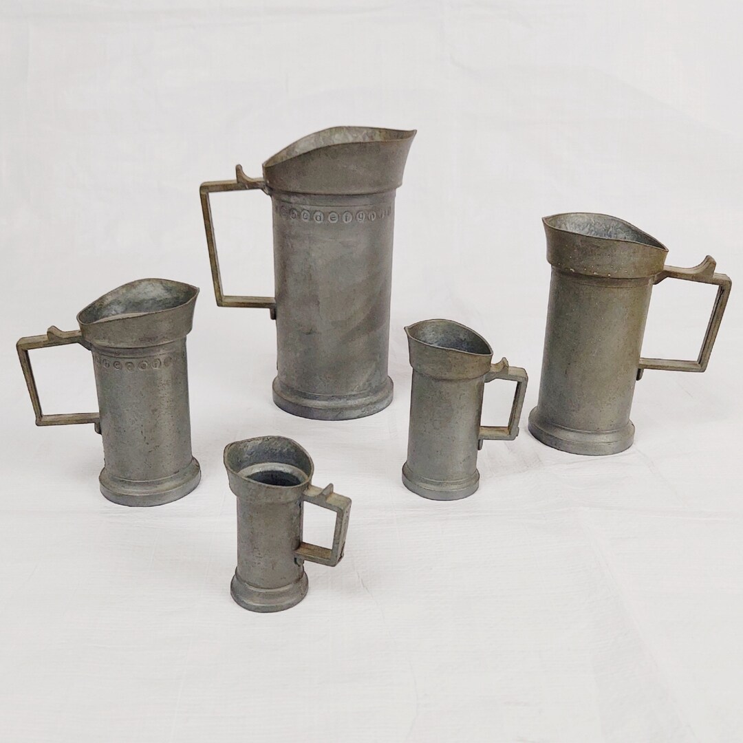 1900s Dutch Pewter Measuring Cups W/ Handles, Lot 5, Alphabet Theme ...
