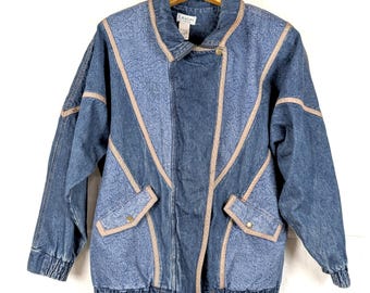 1980s Lavon Denim Coat Jacket, Thick, Size Medium, Vintage 80s Women's Clothing, Floral Flowers Cotton Shoulder Pads Winter Cold Outdoor
