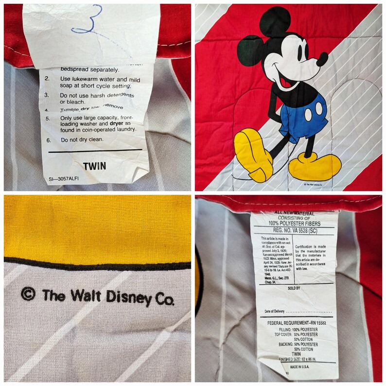 1990-tals Musse Pigg 4-delat sängklädset med överkast, lakan och örngott, vintage 90-tals Disney sovrumsdekoration i popkonststil, tillverkad i USA bild 8