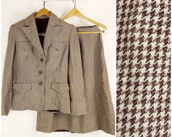1970s Wool Skirt Suit, Brown Houndstooth , Vintage Women&#39;s Winter Clothing