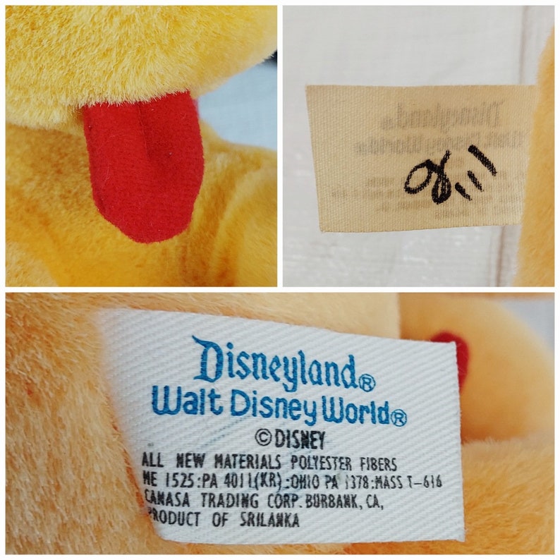 May include: Yellow plush toy dog with a red tongue sticking out. The toy has a white tag attached with the text "Disneyland Walt Disney World&reg; &copy;DISNEY ALL NEW MATERIALS POLYESTER FIBERS ME 1525:PA 4011(KR) OHIO PA 1378:MASS T-616 CAMASA TRADING CORP. BURBANK, CA, PRODUCT OF SRILANKA"