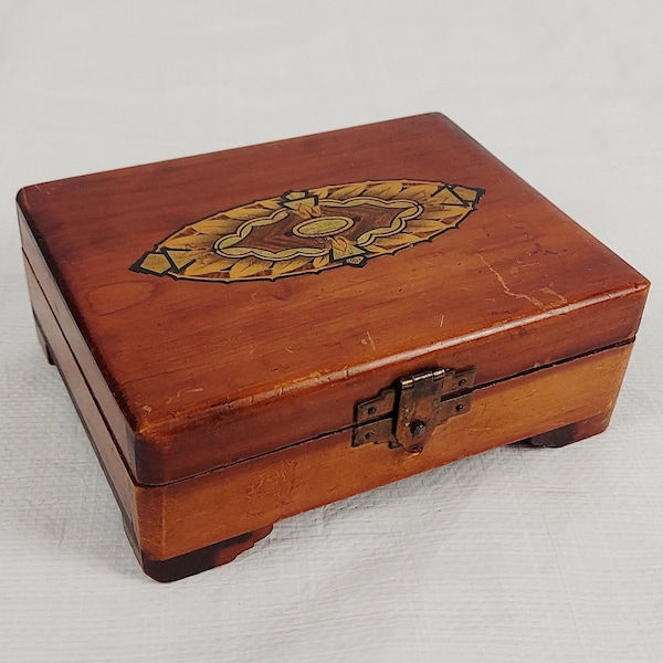 1930s Peterson Brothers Wooden Trinket Box, Art Nouveau, Footed Felt Lined, Hasp Closure, Vintage Home Dresser Jewelry Storage Decor