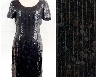 1980 Styleworks lentejuelas pequeño vestido negro, LBD, ropa de mujer vintage