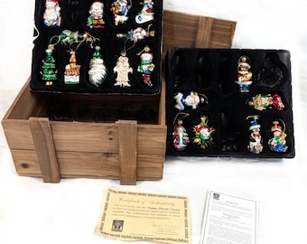 Y2K Thomas Paconni Animal Christmas Ornaments w/ Wooden Crate & Lid, MISSING SIX (6), Vintage 2000s 2003 Home Holiday Decor Decorations Tree