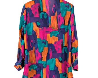 Jaren 90-notaties abstracte verfpalet blouse, maat 10, schoudervullingen doorzichtige knoop omhoog omlaag polyester, vintage jaren 90 dameskleding kleding