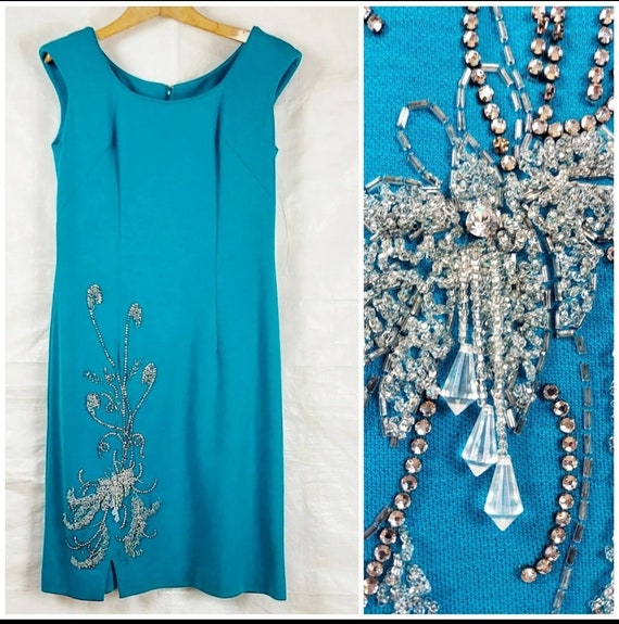1960s ILGWU Beaded Dress, Sleeveless, Turquoise, … - image 1