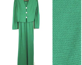 1970s Sweater Dress Set w/ Blazer & Rhinestone Buttons, Vintage 70s Women's Clothing Green Bejeweled