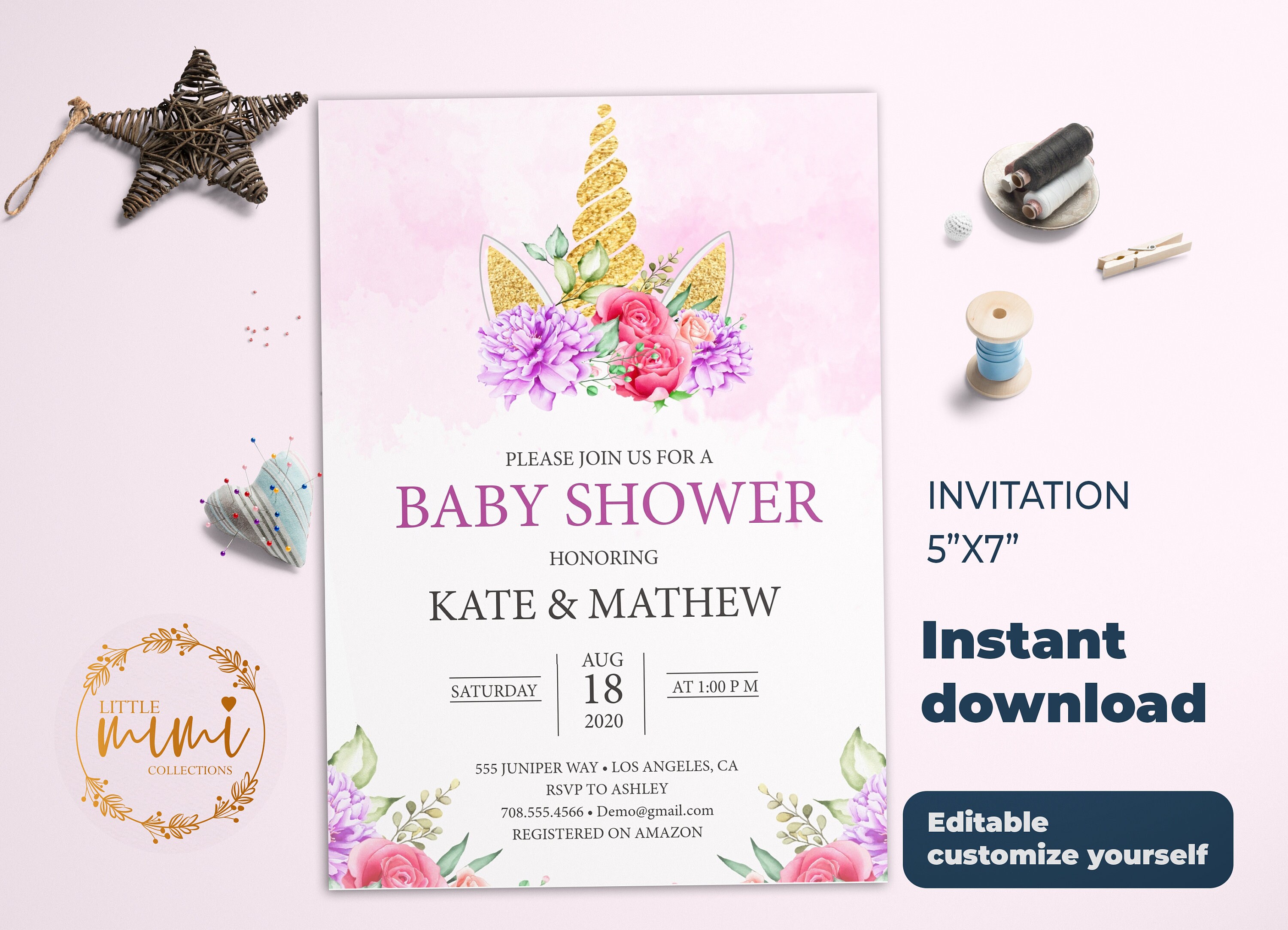 Unicorn Baby Shower Invitation Floral Magical Unicorn Invite Etsy