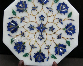 Vintage White Marble Decorative Plate | 7x7" Handmade Marble Serving Plate | Lapis Lazuli Stone Inlay Display Plate | Luxury Home Decor Gift
