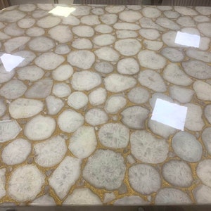 Luxury White Agate Patio Table | Sleek White Gemstone Sofa Table | Handmade Agate Customized Slab | Agate Coffee Table Top with Golden Foil