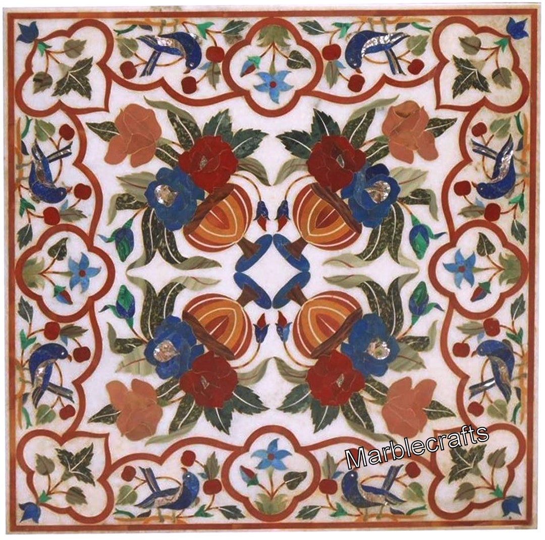 Table Marble Pattern Square Shape White Marble Dining Table Top Antique Pattern Inlay Work ...