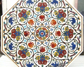 Handcrafted Marble Table Top with Semi Precious Stones Inlay | White Indian Marble Garden Side Table for Lawn Decor | Marble Coffee Table