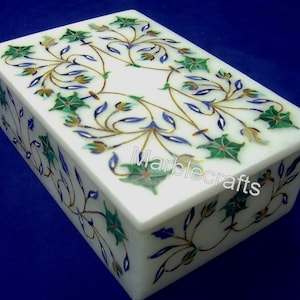 Portagioie con intarsi in malachite / Portagioie in marmo bianco / Portacaviglie rettangolare in marmo / Portacollane in marmo bianco fatto a mano / Regalo di nozze