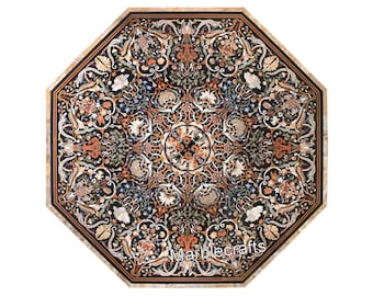 Pietra Dura Art Table Top with Royal Look | Octagon Marble Coffee Table Top | Handcrafted Living Room Center Table Top | Custom Marble Table