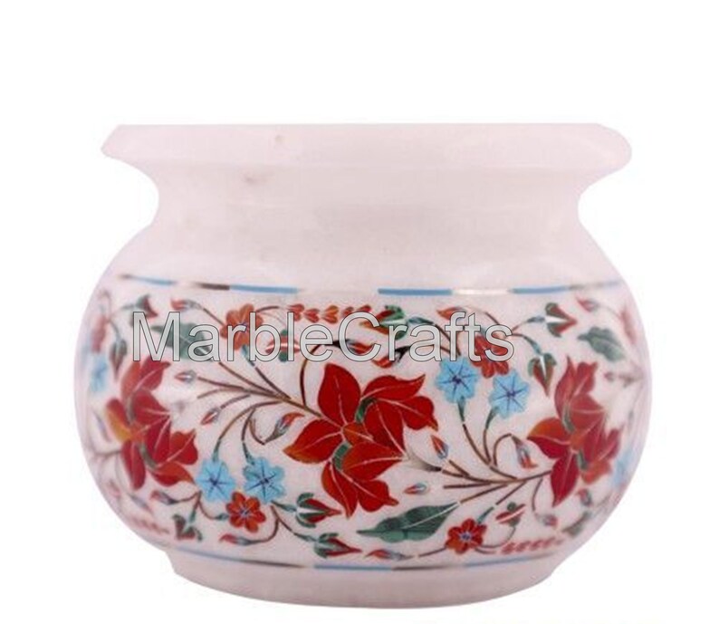 4 Inches White Marble Flower Pot Carnelian Stone Inlay Work Flow 4 Inches White Marble Flower Pot Carnelian Stone Inlay Work Flow