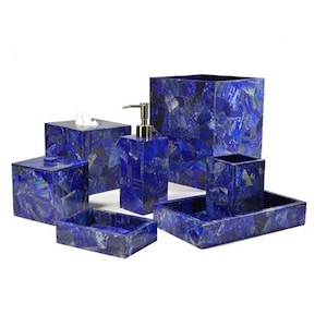 Set da bagno in pietra blu / Decorazione da bagno in pietra di lapislazzuli / Accessori da bagno / Decorazione da bagno con idromassaggio / 7 pezzi di arredamento per interni per bagni moderni