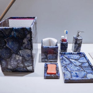 Set da bagno in agata blu / Set di accessori da bagno di lusso da 6 pezzi / Porta carta igienica in agata naturale / Porta spazzolino da denti in agata / Pompa per sapone