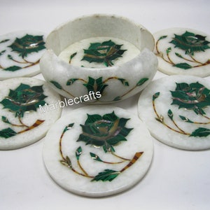 Malachite Stone Drink Coasters with Inlay Work | 4.5&quot; Tea & Coffee Table Decor Coasters | Wine Glass Marble Coaster Set | Designer Tablemats