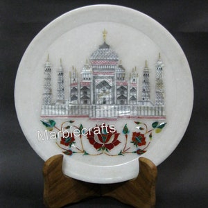 Handcrafted Marble Plate | Taj Mahal Art Inlay Serving Plate | Gift for Eid | 9 Inches White Marble Collectible Plate | Kitchen Accessories
