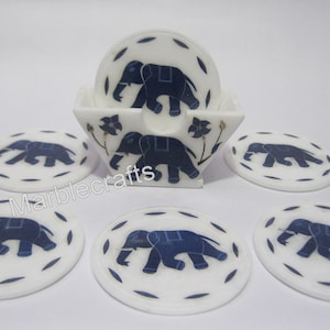 White Marble Tea Coaster Set | Lapis Lazuli Stone Inlay Decorative Drink Coasters | 4.5 Inches Elegant Marble Coaster for Dining Table Decor