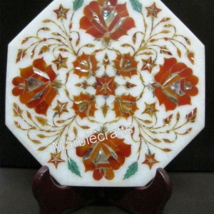 Carnelian Inlay Tea Pot Stand for Coffee Table Decor | 8 x 8" Octagon Marble Kettle Stand | White Marble Collectible Plate | Gift for Him