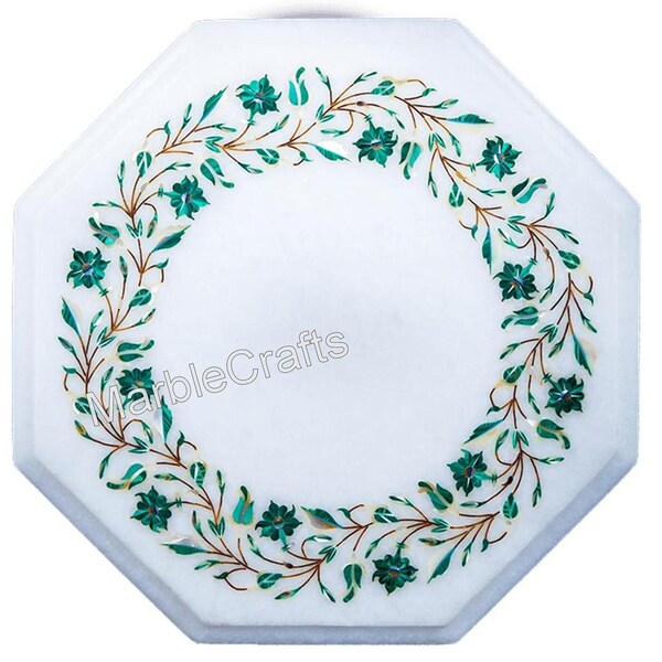 Malachite Stone Inlay Work Coffee Table Top with Royal Look Octagon Shape White Marble Sofa Side Table for Restaurant Decor