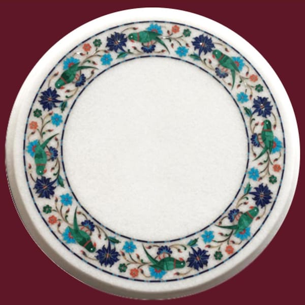 Round Shape White Marble Coffee Table Top Border Pattern Inlay Work Patio Center Table for Hotel and Restaurant Decor