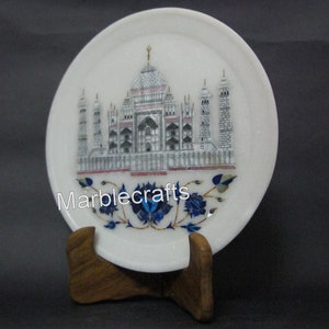 Handmade Marble Plate with Taj Mahal Art Inlay | 9 Inch Pizza Serving Plate for Living Room Table Decor | Luxury Home Decor Unique Gift