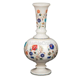 Vaso da fiori in marmo / Vaso in pietra da 25 cm con intarsi / Fioriera in marmo realizzata a mano / Vaso decorativo per piante da interno / Regalo per l'inaugurazione della casa