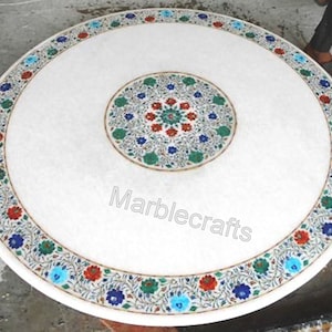 Round Marble Dining Table Top with Royal Look | Pietra Dura Art Kitchen Table for Home Decor | 48 x 48 Inches Restaurant Center Table Top