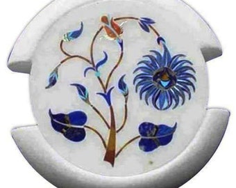 4.5 Inches Lapis Lazuli Stone Inlay Work Coffee Coaster Set Round Shape White Marble Wine Coaster for Bar Table Decor