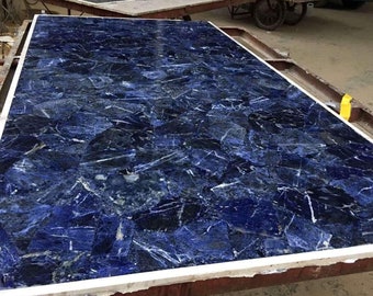 Custom Order Sodalite Overlay Work Marble Table Top 12' x 4' thickness 33 - 34 mm