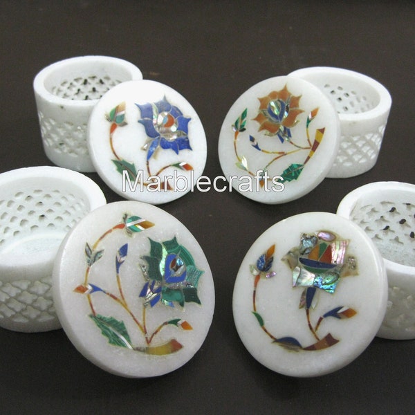 Set di 4 pezzi a forma rotonda Bianco Trinket Box Fiori e foglie Modello intarsiato Multiuso Box per scopi regalo 2,5 pollici