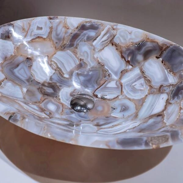 Natural Agate Stone Epoxy Wash Basin Oval Shape Marble Powder Room Vessel from Heritage Art and Crafts