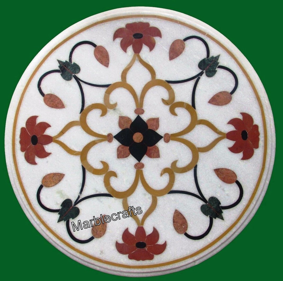Round Shape White Marble Coffee Table Top Unique Design Inlay Etsy