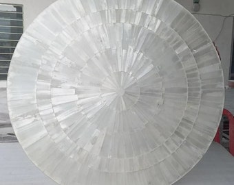 Selenite Stone Resin Art Patio Center Table for Garden Area Decor Round Shape White Marble Coffee Table Top with Sun Rays Design